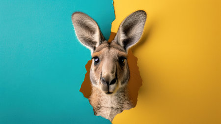 A funny kangaroo gazes through a torn hole in a vibrant pastel color paper backdrop, Ai Generatedの素材