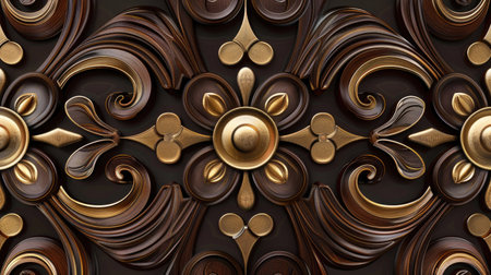 Transform your room with a 3D wallpaper imitating intricate wood and gold mosaic patterns. Ai Generated.の素材