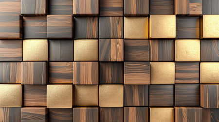 Transform your room with a 3D wallpaper imitating intricate wood and gold mosaic patterns. Ai Generated.の素材