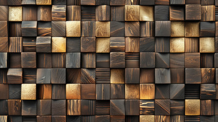 Transform your room with a 3D wallpaper imitating intricate wood and gold mosaic patterns. Ai Generated.の素材
