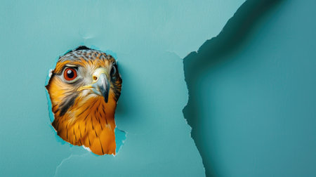 A funny hawk gazes through a torn hole in a vibrant pastel color paper backdrop, Ai Generatedの素材