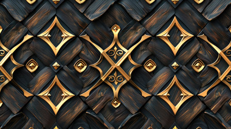 Transform your room with a 3D wallpaper imitating intricate wood and gold mosaic patterns. Ai Generated.の素材