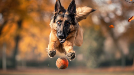 A humorous image captures a German Shepherd jumping high to catch a ball, Ai Generatedの素材