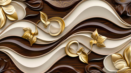 Transform your room with a 3D wallpaper imitating intricate wood and gold mosaic patterns. Ai Generated.の素材