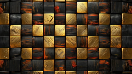 Transform your room with a 3D wallpaper imitating intricate wood and gold mosaic patterns. Ai Generated.の素材