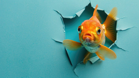 A funny goldfish gazes through a torn hole in a vibrant pastel color paper backdrop, Ai Generatedの素材