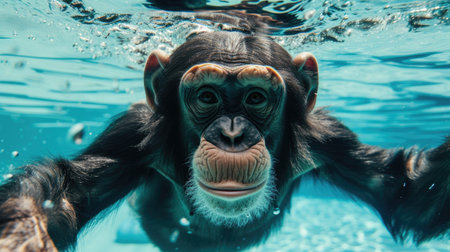 Funny moment captured chimpanzee in swimming pool does deep dive, Ai Generated.の素材