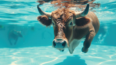 Funny moment captured ox in swimming pool does deep dive, Ai Generated.の素材