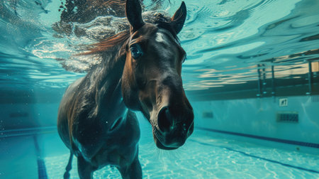 Funny moment captured horse in swimming pool does deep dive, Ai Generated.の素材