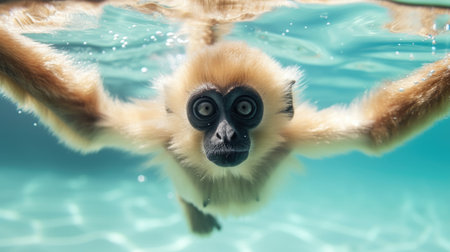 Funny moment captured gibbon in swimming pool does deep dive, Ai Generated.の素材