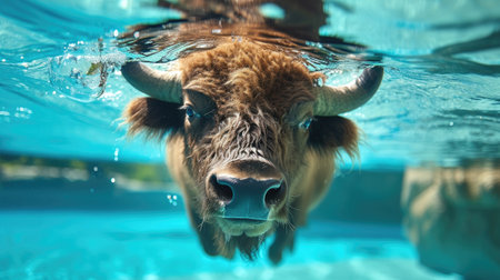 Funny moment captured bison in swimming pool does deep dive, Ai Generated.の素材