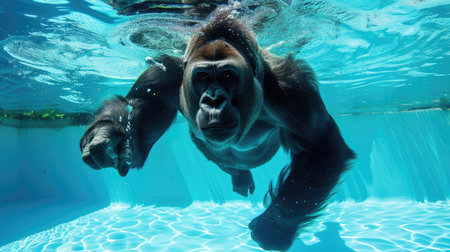 Funny moment captured gorilla in swimming pool does deep dive, Ai Generated.の素材