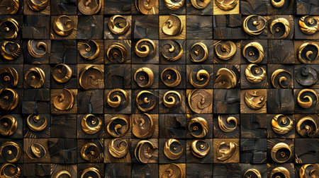 Transform your room with a 3D wallpaper imitating intricate wood and gold mosaic patterns. Ai Generated.の素材