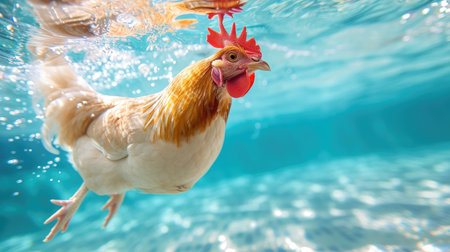 Funny moment captured chicken in swimming pool does deep dive, Ai Generated.の素材