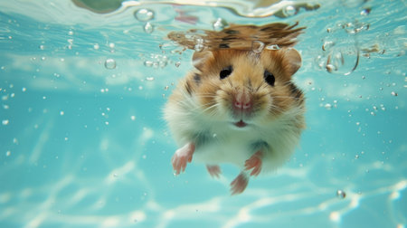 Funny moment captured hamster in swimming pool does deep dive, Ai Generated.の素材
