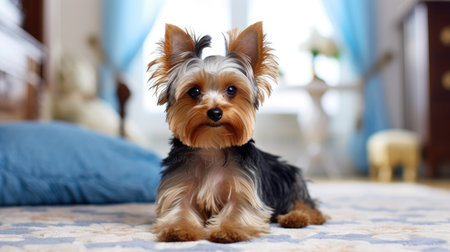 Cute Yorkshire Terrier lounging on white carpet in cozy living room, Ai Generated.の素材