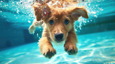 Funny moment captured puppy in swimming pool does deep dive, Ai Generated.の素材