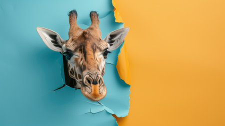 A funny giraffe gazes through a torn hole in a vibrant pastel color paper backdrop, Ai Generatedの素材