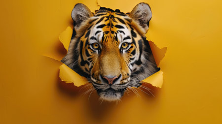 A funny tiger gazes through a torn hole in a vibrant pastel color paper backdrop, Ai Generatedの素材