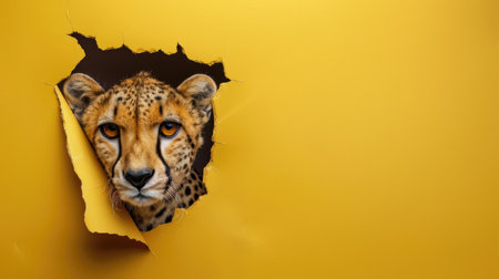 A funny cheetah gazes through a torn hole in a vibrant pastel color paper backdrop, Ai Generatedの素材