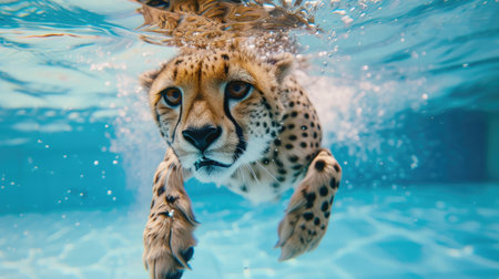 Funny moment captured cheetah in swimming pool does deep dive, Ai Generated.の素材