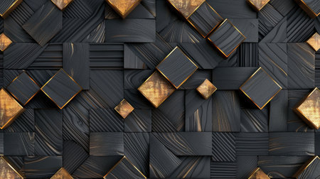 Transform your room with a 3D wallpaper imitating intricate wood and gold mosaic patterns. Ai Generated.の素材