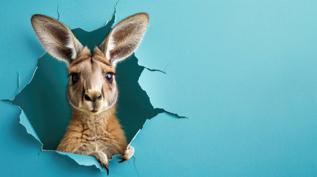 A funny kangaroo gazes through a torn hole in a vibrant pastel color paper backdrop, Ai Generatedの素材