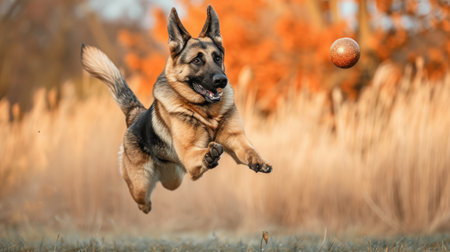 A humorous image captures a German Shepherd jumping high to catch a ball, Ai Generatedの素材