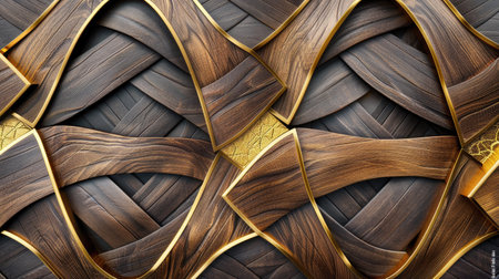 Transform your room with a 3D wallpaper imitating intricate wood and gold mosaic patterns. Ai Generated.の素材