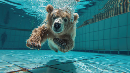 Funny moment captured bear in swimming pool does deep dive, Ai Generated.の素材