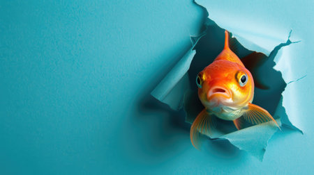 A funny goldfish gazes through a torn hole in a vibrant pastel color paper backdrop, Ai Generatedの素材
