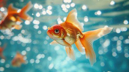 Funny moment captured goldfish in swimming pool does deep dive, Ai Generated.の素材