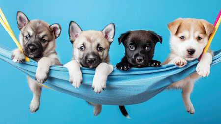 Charming scene four playful puppies above banner. Ai Generated.の素材