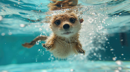 Funny moment captured meerkat in swimming pool does deep dive, Ai Generated.の素材