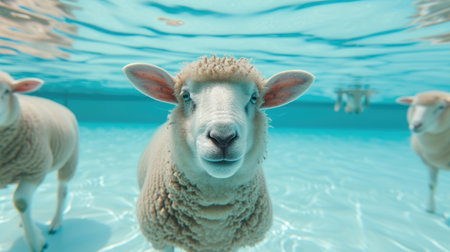 Funny moment captured sheep in swimming pool does deep dive, Ai Generated.の素材