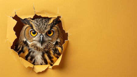 A funny owl gazes through a torn hole in a vibrant pastel color paper backdrop, Ai Generatedの素材
