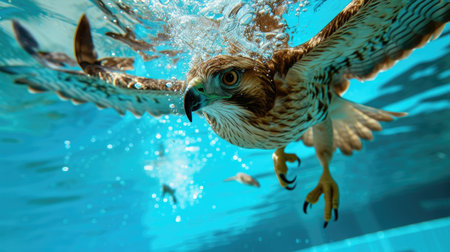 Funny moment captured hawk in swimming pool does deep dive, Ai Generated.の素材