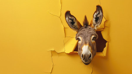 A funny donkey gazes through a torn hole in a vibrant pastel color paper backdrop, Ai Generatedの素材