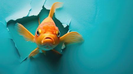 A funny fish gazes through a torn hole in a vibrant pastel color paper backdrop, Ai Generatedの素材