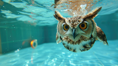 Funny moment captured owl in swimming pool does deep dive, Ai Generated.の素材