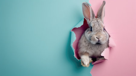 A funny rabbit gazes through a torn hole in a vibrant pastel color paper backdrop, Ai Generatedの素材
