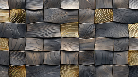 Transform your room with a 3D wallpaper imitating intricate wood and gold mosaic patterns. Ai Generated.の素材