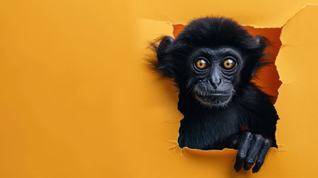 A funny gibbon gazes through a torn hole in a vibrant pastel color paper backdrop, Ai Generatedの素材