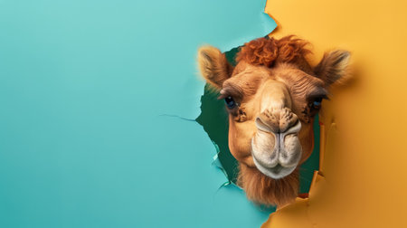 A funny camel gazes through a torn hole in a vibrant pastel color paper backdrop, Ai Generatedの素材