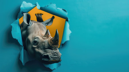A funny rhinoceros gazes through a torn hole in a vibrant pastel color paper backdrop, Ai Generatedの素材