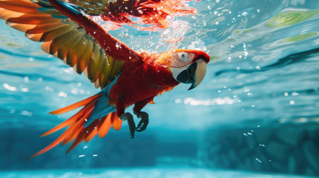Funny moment captured parrot in swimming pool does deep dive, Ai Generated.の素材