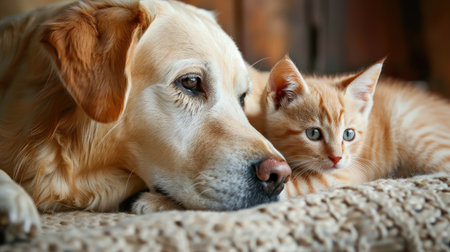 Unlikely duo: dog and cat share precious moments together. Ai Generated.の素材