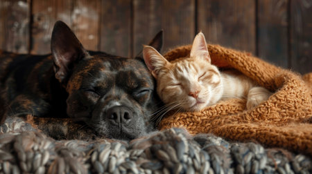 Unlikely duo: dog and cat share precious moments together. Ai Generated.の素材