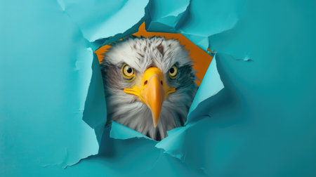 A funny eagle gazes through a torn hole in a vibrant pastel color paper backdrop, Ai Generatedの素材