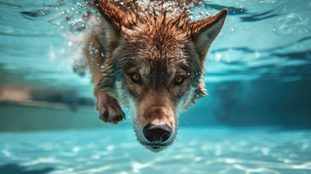 Funny moment captured wolf in swimming pool does deep dive, Ai Generated.の素材